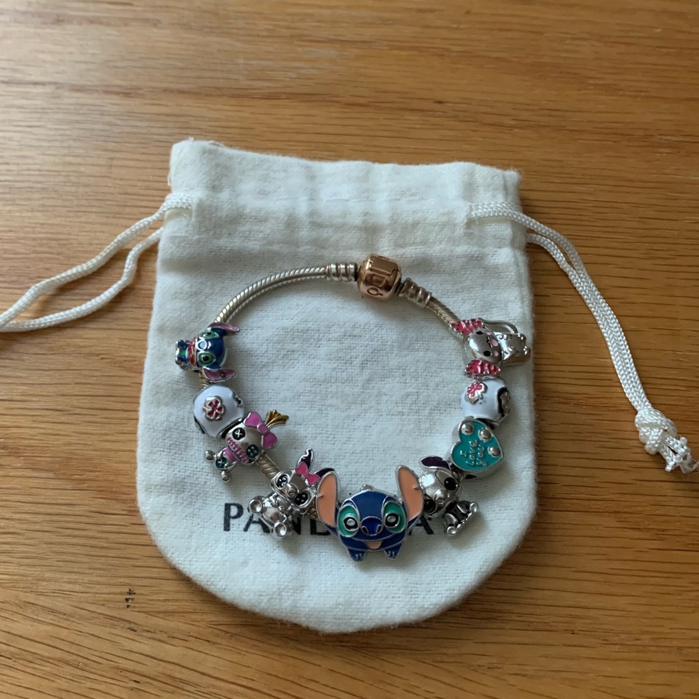 Retired Pandora Rose Clasp Bracelet Barrel Clasp w 9 Disney Lilo & Stitch Charms